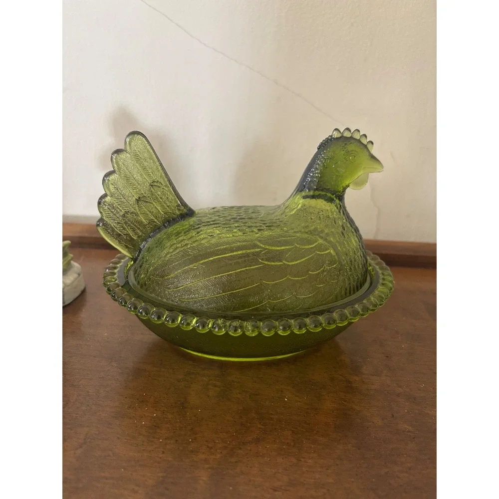Vintage Olive Green Glass Hen on Nest Covered Dish Beaded Rim Cottage Core Hen